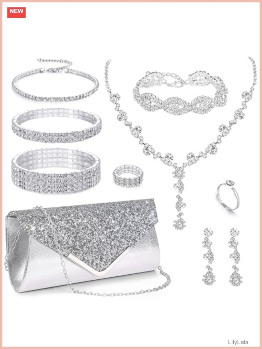 Rhinestone Jewelry Set & Clutch Purse Necklace Earrings Bracelets Rings